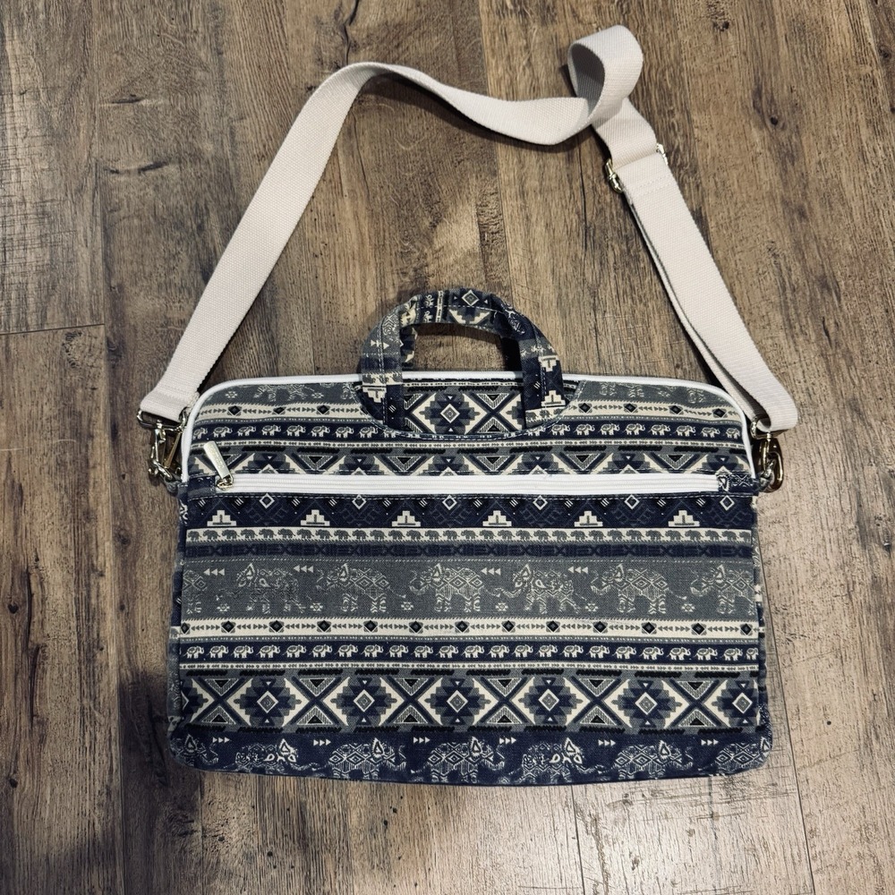 Canvas Love Computer Bag Blue, And Tan With Elephants
